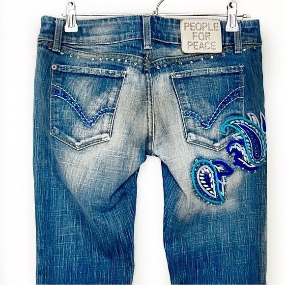 PEOPLE FOR PEACE BOHO PAISLEY EMBROIDERED LOW RISE BOOTCUT JEANS SIZE 30 - Picture 7 of 13